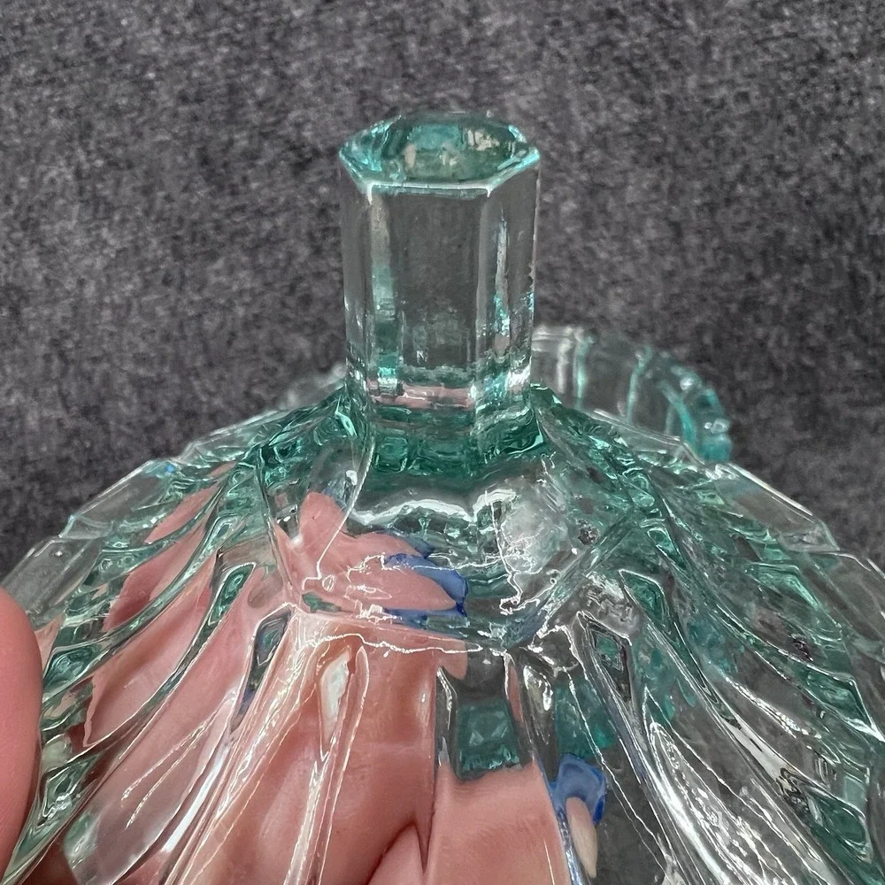 Vintage Tiara Fostoria Lead Crystal Teal Green - Blue Glass Candy Dish W/Lid 5